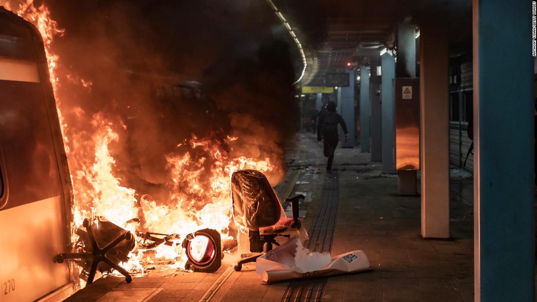 A fire is seen at a Mass Transit Railway (MTR) station during a demonstration at The Chinese University of Hong Kong on November 13.