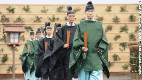 A ceremony is held on the Imperial Palace grounds in Tokyo to bless the Daijokyu Halls, the setting for the Daijosai great thanksgiving ceremony, on November 13, 2019. 