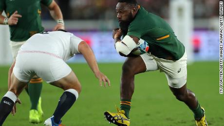 Tendai &#39;The Beast&#39; Mtawarira runs at the England defence during the Rugby World Cup 2019 Final, the last of his 117 Tests for his nation. 