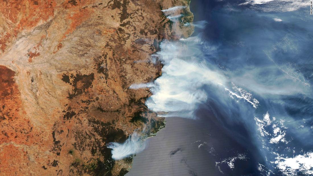 This satellite image shows wildfire smoke on November 14.
