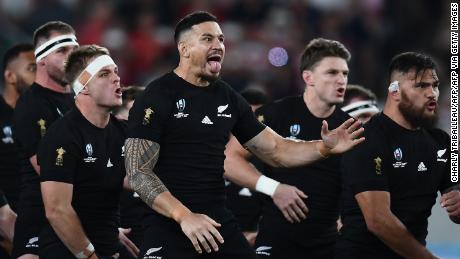 Sonny Bill Williams performs the haka at the Rugby World Cup in Japan.