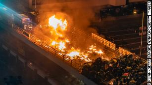 Hong Kong police vehichle on fire 