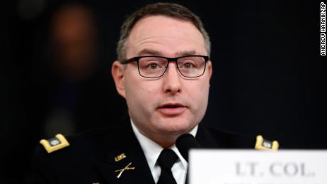 National Security Council aide Lt. Col. Alexander Vindman testifies before the House Intelligence Committee on Capitol Hill in Washington, Tuesday, Nov. 19, 2019, during a public impeachment hearing of President Donald Trump&#39;s efforts to tie U.S. aid for Ukraine to investigations of his political opponents. (AP Photo/Andrew Harnik)