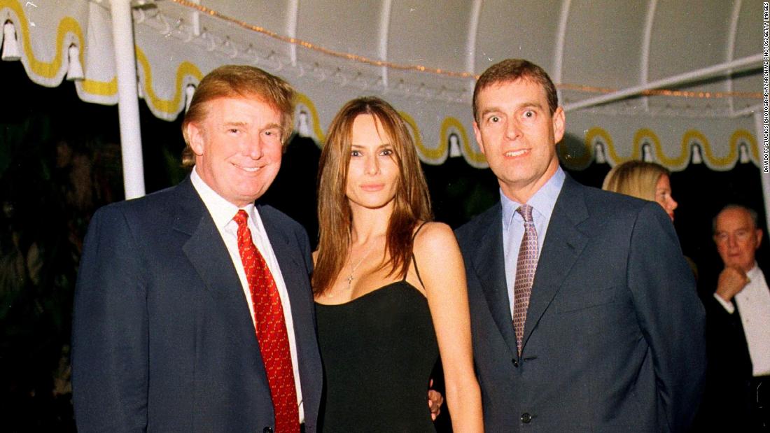 Prince Andrew poses with Donald Trump and Trump&#39;s future wife, Melania, at the Mar-a-Lago estate in Palm Beach, Florida, in 2000.