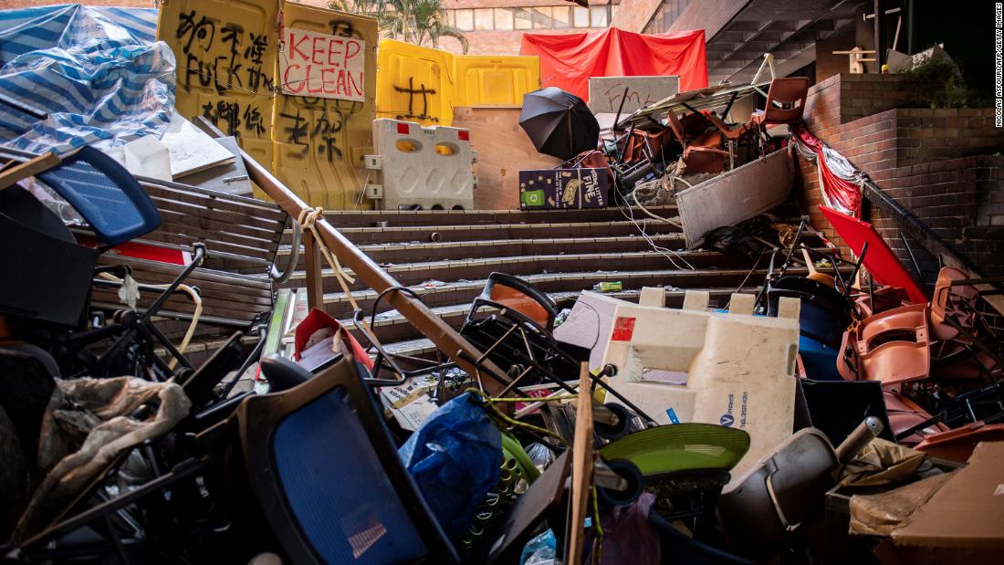 Tables and chairs piled up to create a barrier are left behind by protesters who barricaded themselves inside the Hong Kong Polytechnic University.
