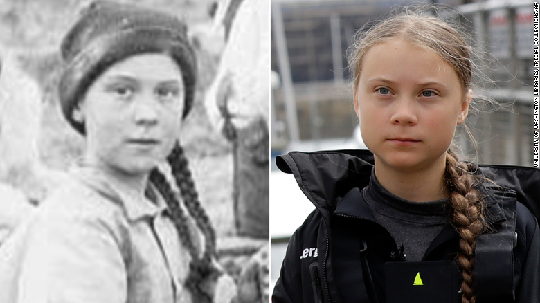 Greta Thunberg of present day, right, looking strangely similar to the girl in a photograph from 1898, left.