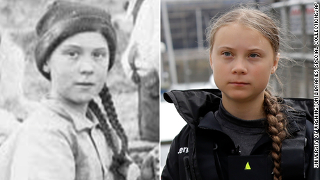 Greta Thunberg of present day, right, looking strangely similar to the girl in a photograph from 1898, left.