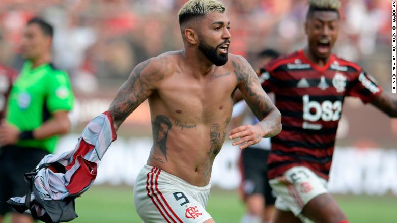 Flamengo&#39;s Gabriel Barbosa celebrates after scoring against Argentina&#39;s River Plate.
