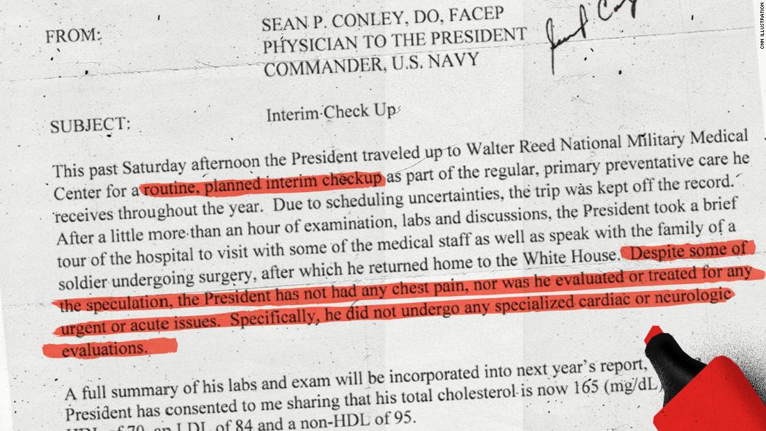 &quot;The President has not had any chest pain, nor was he evaluated or treated for any urgent or acute issues,&quot; according to a memo from Dr. Sean Conley, physician to the President.