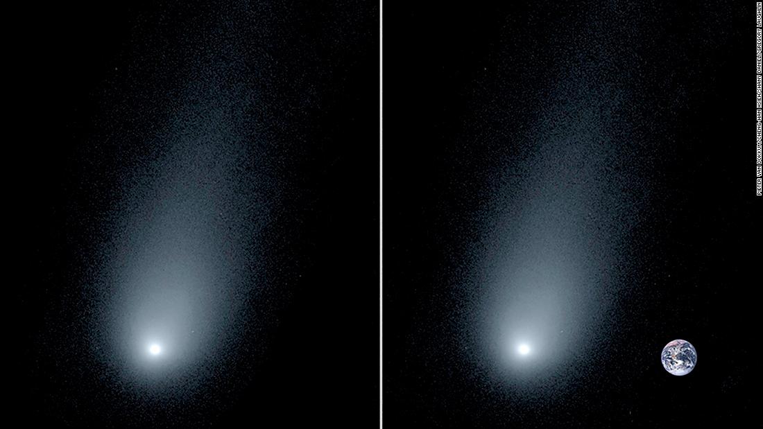 A close-up view of an interstellar comet passing through our solar system can be seen on the left. On the right, astronomers used an image of Earth for comparison. 
