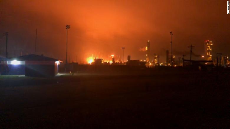 Fire illuminates the sky after a blast at a chemical plant in Port Neches, Texas.