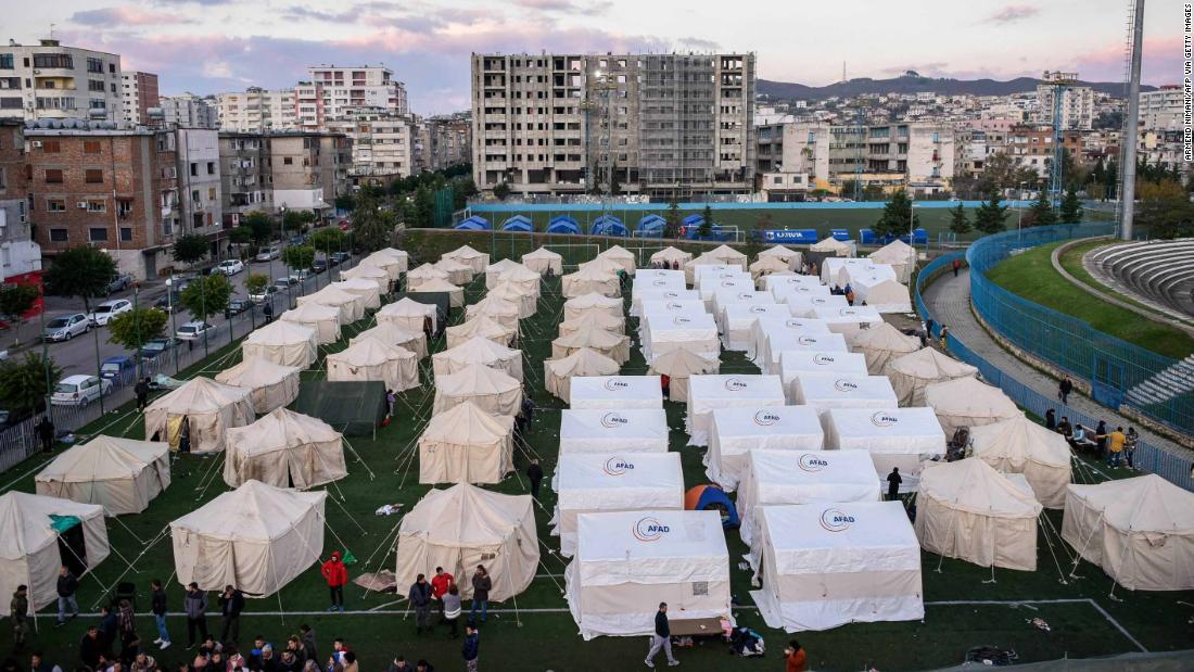 Tents are pitched at the soccer stadium in Durres for those sheltering in the aftermath of the earthquake on November 27.