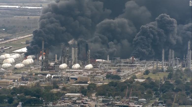 Plumes of smoke are seen after a second explosion at a chemical plant in Port Neches. 