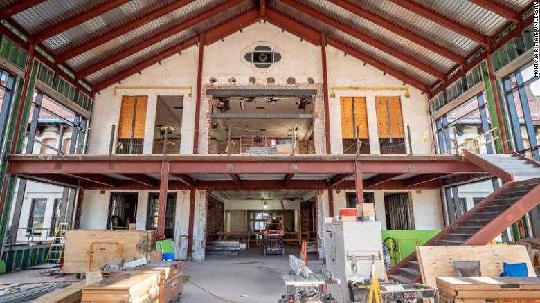 A picture of College Hall during renovations. 