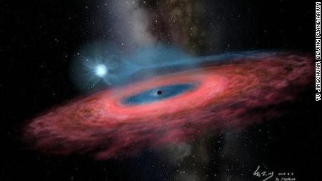 An artist&#39;s rendition of the accretion of gas onto a stellar black hole from its blue companion star.