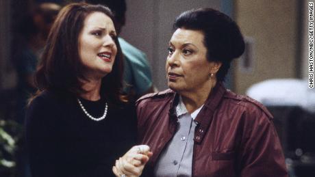 Megan Mullally as Karen Walker and Shelley Morrison as Rosario Salazar in an episode of Will and Grace in 2000.