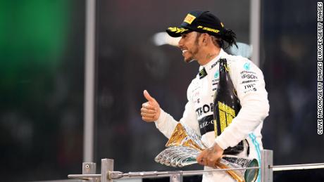 Hamilton celebrates after winning the Abu Dhabi Grand Prix.