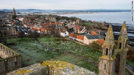 A view from St Rule&#39;s Tower overlooks the town of St Andrews, Scotland.