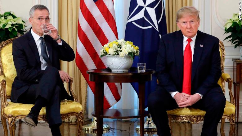 U.S. President Donald Trump meets NATO Secretary General, Jens Stoltenberg at Winfield House in London, Tuesday, Dec. 3, 2019. US President Donald Trump will join other NATO heads of state at Buckingham Palace in London on Tuesday to mark the NATO Alliance&#39;s 70th birthday. (AP Photo/Evan Vucci)