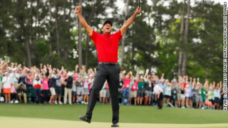 AUGUSTA, GEORGIA - APRIL 14: (Sequence frame 6 of 12) Tiger Woods of the United States celebrates after making his putt on the 18th green to win the Masters at Augusta National Golf Club on April 14, 2019 in Augusta, Georgia. (Photo by Kevin C. Cox/Getty Images)