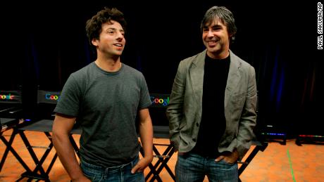FILE - In this Sept. 2, 2008, file photo Google co-founders Sergey Brin, left, and Larry Page talk about the new Google Browser, &quot;Chrome,&quot; during a news conference at Google Inc. headquarters in Mountain View, Calif. Page and Brin are stepping down from their roles within the parent company, Alphabet. Page, who had been serving as CEO of Alphabet, and Brin, who had been president of Alphabet, will remain on the board of the company. (AP Photo/Paul Sakuma, File)