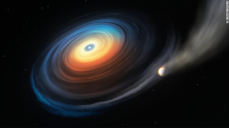 The white dwarf is stripping away the atmosphere of the ice giant planet orbiting it.