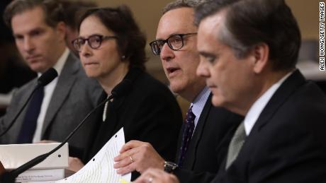 Constitutional scholars (L-R) Noah Feldman of Harvard University, Pamela Karlan of Stanford University, Michael Gerhardt of the University of North Carolina, and Jonathan Turley of George Washington University testify before the House Judiciary Committee in the Longworth House Office Building on Capitol Hill December 4, 2019 in Washington, DC. This is the first hearing held by the House Judiciary Committee in the impeachment inquiry against U.S. President Donald Trump, whom House Democrats say held back military aid for Ukraine while demanding it investigate his political rivals. The Judiciary Committee will decide whether to draft official articles of impeachment against President Trump to be voted on by the full House of Representatives. 