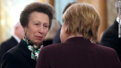 Princess Anne speaking to German Chancellor Angela Merkel at Buckingham Palace on Tuesday night.