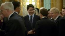 This grab made from a video shows Dutch Prime Minister Mark Rutte (L), French President Emmanuel Macron (front),  British Prime Minister Boris Johnson (R) and Canada&#39;s Prime Minister Justin Trudeau (back-C) as the leaders of Britain, Canada, France and the Netherlands were caught on camera at a Buckingham Palace reception appearing to joke about US President Donald Trump&#39;s lengthy media appearances ahead of the NATO summit on December 3, 2019 in London.