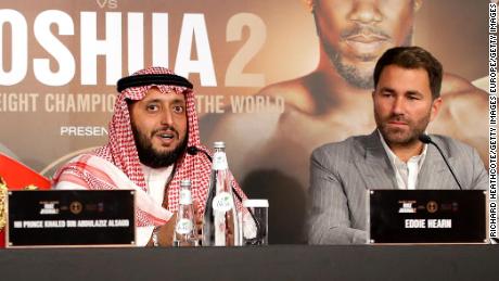 HH Prince Khalid Bin Abdulaziz Al Saud and Eddie Hearn during the fight&#39;s press conference.