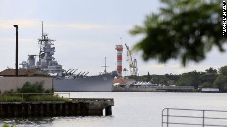 The Battleship Missouri Memorial, seen from Pearl Harbor National Memorial.