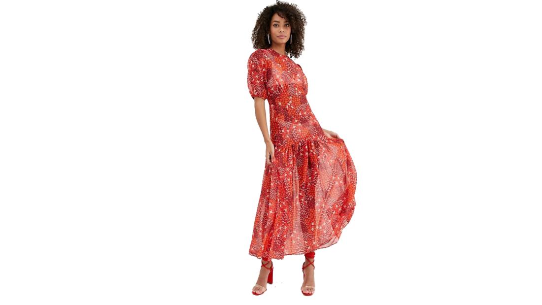Never Fully Dressed puff-sleeve midi dress in red floral print