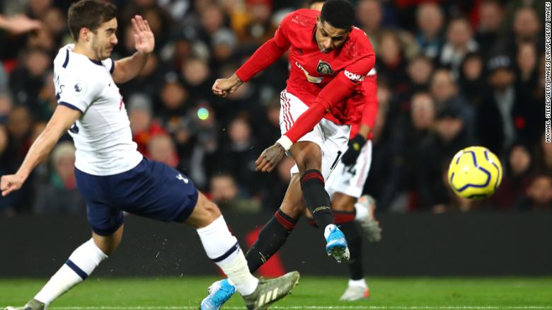 Marcus Rashford of Manchester United scores his team&#39;s first goal in a 2-1 win over Tottenham. The English striker has now had a direct hand in 11 goals in his last 10 appearances for the club.