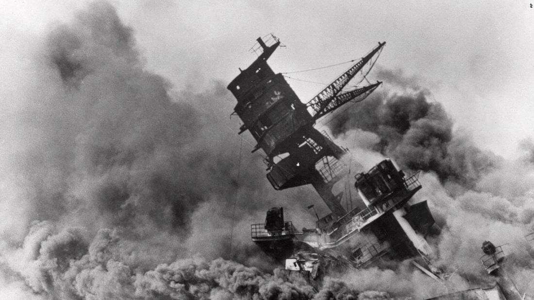 Smoke envelops the USS Arizona before it sank.