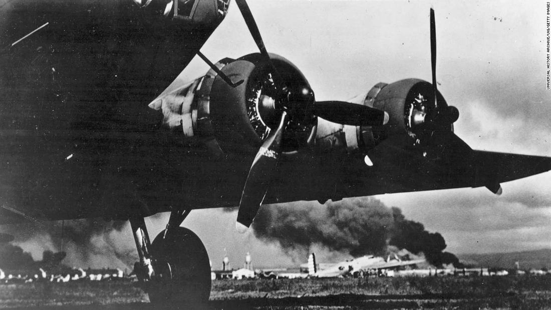 A US Army aircraft lands at Hickam Field on December 7. The base sustained heavy losses during the attack.