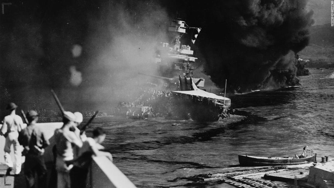 The USS California settles on the bottom of the harbor after being bombed and torpedoed by the Japanese.