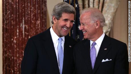 WASHINGTON, DC - FEBRUARY 06:  U.S. Secretary of State John Kerry (L) and Vice President Joseph (R) share a moment during Kerry&#39;s ceremonial swearing in at the State Department February 6, 2013 in Washington, DC. Kerry was officially sworn in  on February 1 at the U.S. Capitol as the 68th Secretary of State, succeeding Hillary Clinton.  (Photo by Alex Wong/Getty Images)