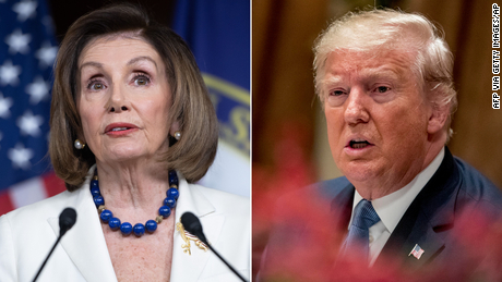 LEFT: US Speaker of the House Nancy Pelosi holds her weekly press conference on Capitol Hill in Washington, DC, December 5, 2019. (Photo by SAUL LOEB / AFP) (Photo by SAUL LOEB/AFP via Getty Images)RIGHT: President Donald Trump, right, accompanied by acting chief of staff Mick Mulvaney, left, speaks at a luncheon with members of the United Nations Security Council in the Cabinet Room at the White House in Washington, Thursday, Dec. 5, 2019. (AP Photo/Andrew Harnik)