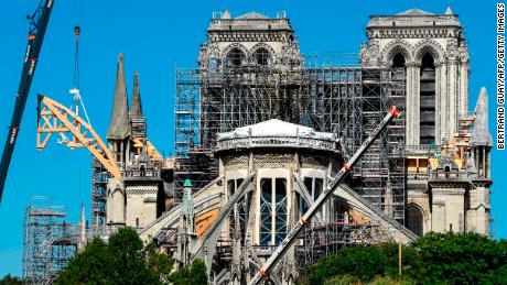 Reconstruction works take place on Notre-Dame on July 9, 2019 in Paris after it was badly damaged by fire in April.
