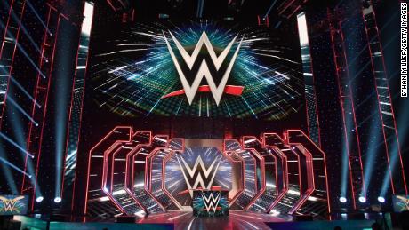 LAS VEGAS, NEVADA - OCTOBER 11:  WWE logos are shown on screens before a WWE news conference at T-Mobile Arena on October 11, 2019 in Las Vegas, Nevada. It was announced that WWE wrestler Braun Strowman will face heavyweight boxer Tyson Fury and WWE champion Brock Lesnar will take on former UFC heavyweight champion Cain Velasquez at the WWE&#39;s Crown Jewel event at Fahd International Stadium in Riyadh, Saudi Arabia on October 31.  (Photo by Ethan Miller/Getty Images)