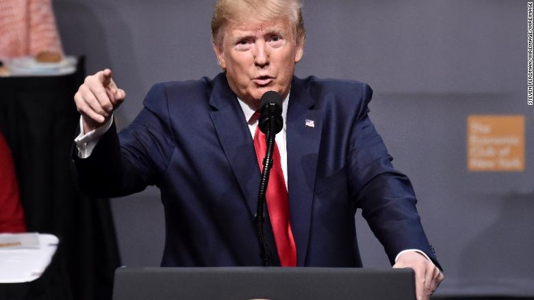 NEW YORK, NEW YORK - NOVEMBER 12: President Donald Trump delivers a speech at the Economic Club Of New York in the Grand Ballroom of the Midtown Hilton Hotel on November 12, 2019 in New York City. (Photo by Steven Ferdman/WireImage)