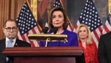 House Speaker Nancy Pelosi (D-CA) speaks next to House Judiciary Chairman Jerry Nadler(L), Democrat of New York, House Permanent Select Committee on Intelligence as they announce articles of impeachment for US President Donald Trump during a press conference at the US Capitol in Washington, DC, December 10, 2019. 