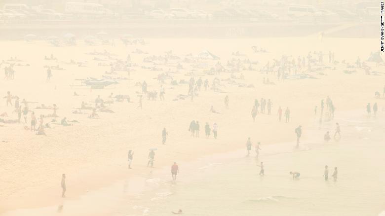 Haze from the bushfires is seen over Sydney&#39;s Bondi Beach on December 10, 2019.