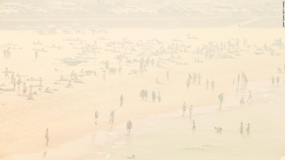 A smoke haze blankets Bondi Beach as the air quality index reaches higher than ten times hazardous levels in some suburbs of Sydney on December 10.