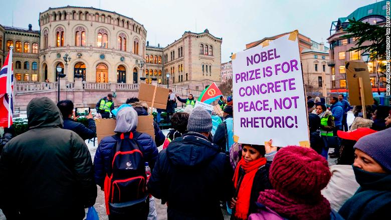 Protesters demonstrate in front of the Norwegian Parliament against Ethiopian Prime Minister Abiy Ahmed on Monday.