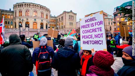 Protesters demonstrate in front of the Norwegian Parliament against Ethiopian Prime Minister Abiy Ahmed on Monday.