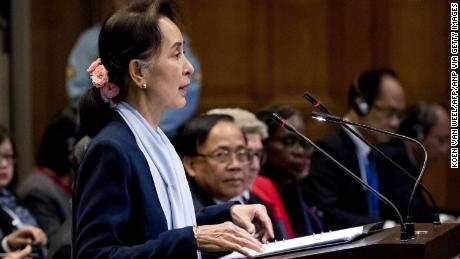 Aung San Suu Kyi speaks at the ICJ in December.