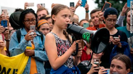 WASHINGTON, DC - SEPTEMBER 13:  Teenage Swedish climate activist Greta Thunberg delivers brief remarks surrounded by other student environmental advocates during a strike to demand action be taken on climate change outside the White House on September 13, 2019 in Washington, DC. The strike is part of Thunberg&#39;s six day visit to Washington ahead of the Global Climate Strike scheduled for September 20. (Photo by Sarah Silbiger/Getty Images)