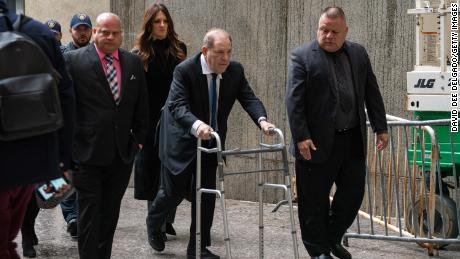 Harvey Weinstein arrives to bail hearing using a walker