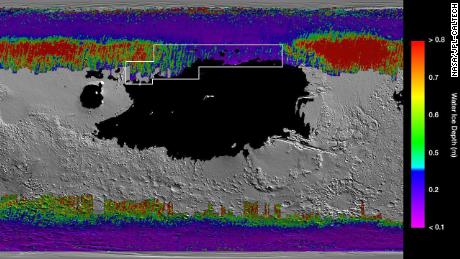 This rainbow-colored map shows underground water ice on Mars. Cool colors reveal ice close to the surface. The black region is where a lander might sink into Mars&#39; fine dust.